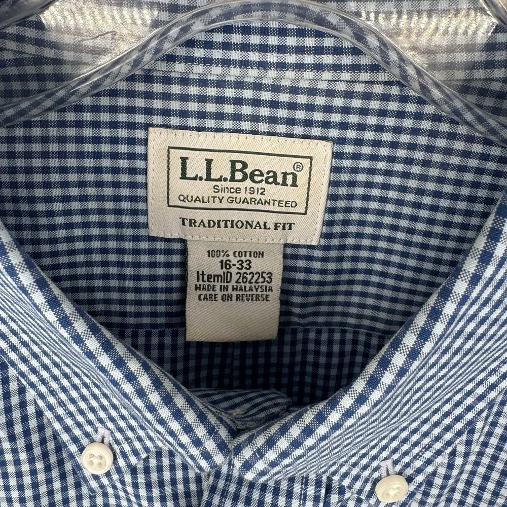 L.L. Bean Blue Gingham Button Down Shirt Men 16-33 Traditional Fit Cotton Office